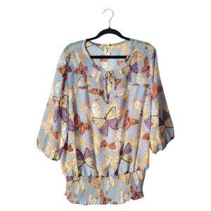 Fig & Flower Anthropologie Butterfly Print Smocked 3/4 Sleeve Blouse